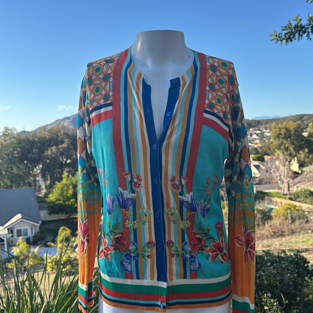 Johnny Was Button Up Cardigan Sweater Fine Knit RARE! $399. Size Small